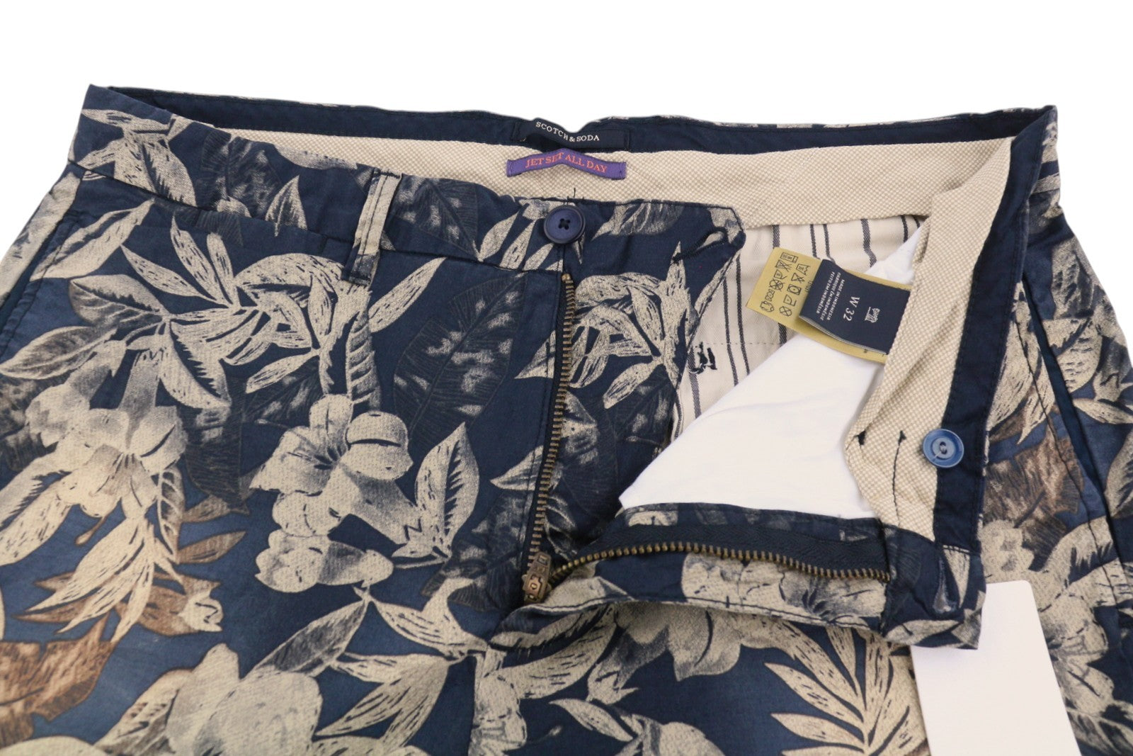 SCOTCH & SODA Men Shorts W32 Faded Floral Leafs Pattern Zipper Chino