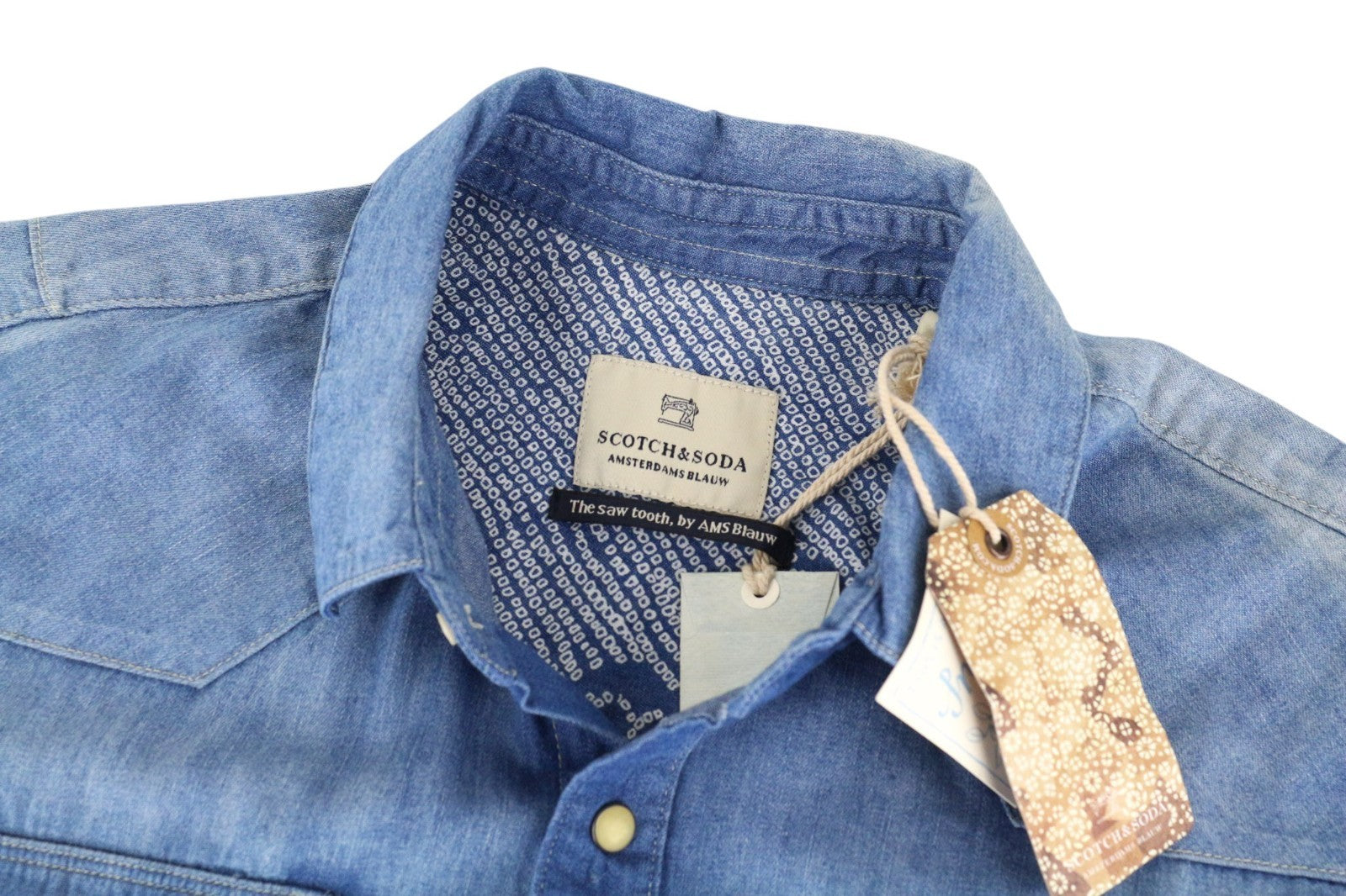 SCOTCH & SODA Men Shirt S Mid Blue Denim-Like Western-Style Classic Pure Cotton