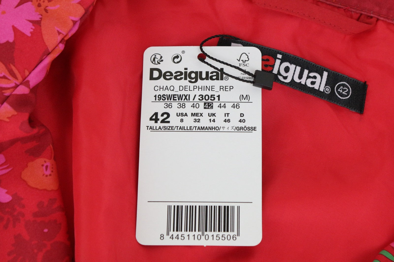 DESIGUAL Delphine Women Coat EU42 XL Red Floral Print Lined Melange Adjustable