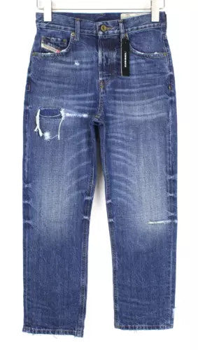 DIESEL Aryel 080AH Women Jeans W23/L32 Girls Straight Pure Cotton Blue Ripped