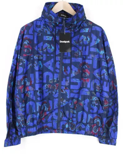 DESIGUAL Lex Women Jacket UK12 L Blue Patterned Lightweight Hooded Zipped