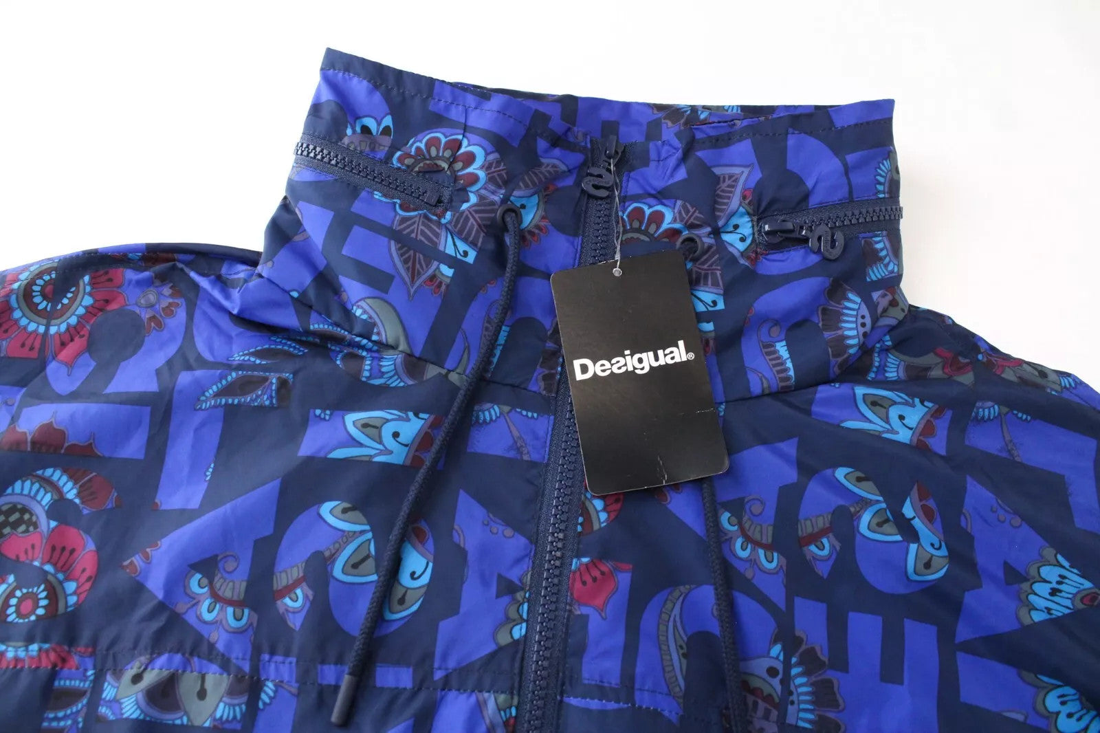 DESIGUAL Lex Women Jacket UK12 L Blue Patterned Lightweight Hooded Zipped