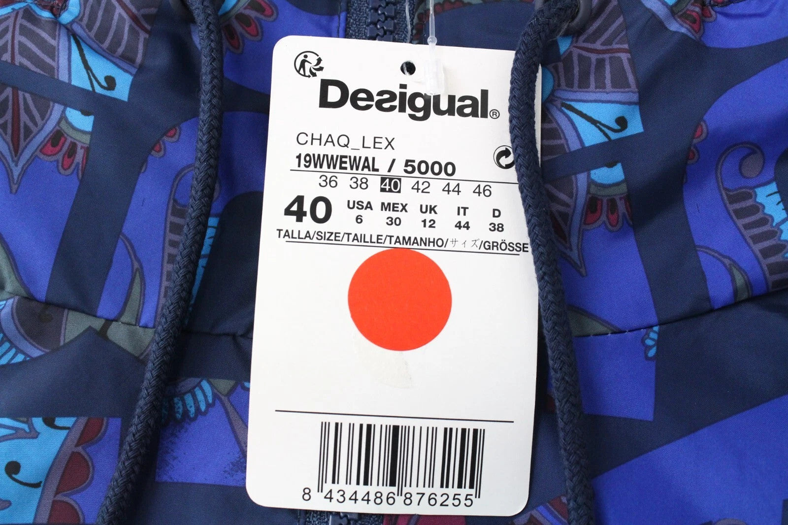 DESIGUAL Lex Women Jacket UK12 L Blue Patterned Lightweight Hooded Zipped