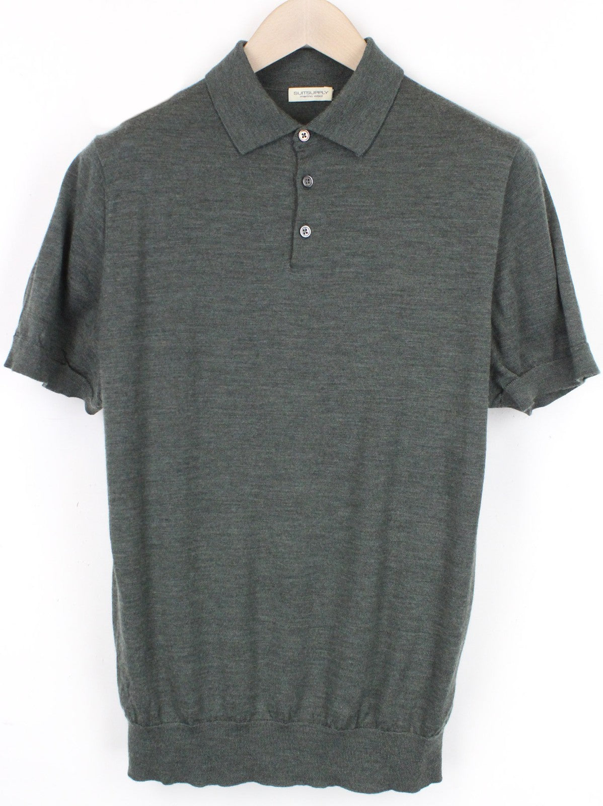 SUITSUPPLY Men T-Shirt ~S Green Knit Polo Neck Melange Pure Merino Wool Slim