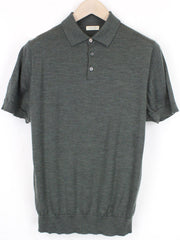 SUITSUPPLY Men T-Shirt ~S Green Knit Polo Neck Melange Pure Merino Wool Slim