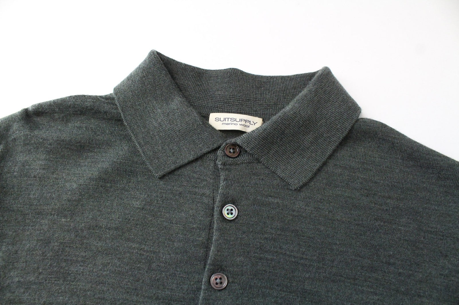 SUITSUPPLY Men T-Shirt ~S Green Knit Polo Neck Melange Pure Merino Wool Slim