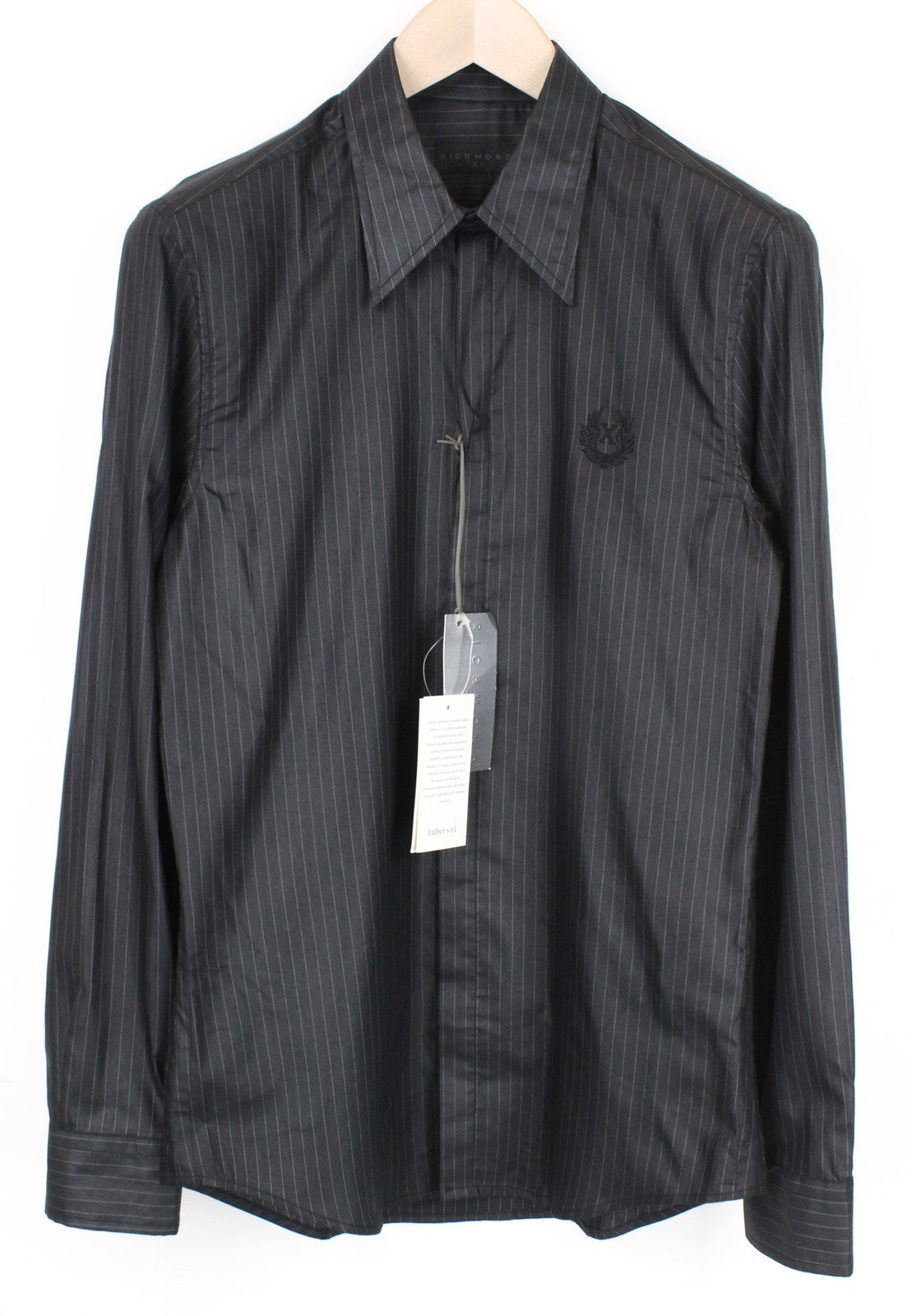 RICHMOND Men Shirt 46 Dark Grey Cotton Blend Striped Long Sleeved Button-Up