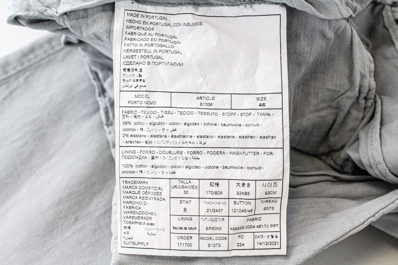 SUITSUPPLY Porto Novo Men Trousers UK30R Grey Cotton Stretch Lightweight Classic