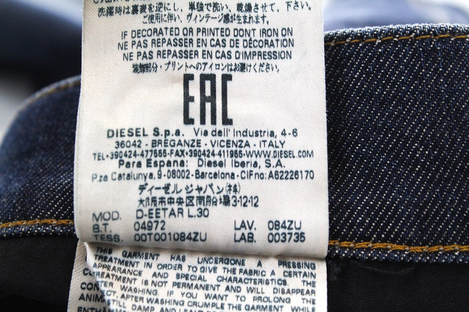 DIESEL D-Eetar 084ZU Men Jeans W29/L30 Tapered Fit Blue Cotton Stretch