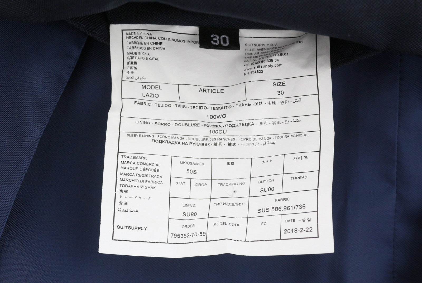 SUITSUPPLY Lazio Men Waistcoat UK50S Blue Wool Single-Breasted Vest