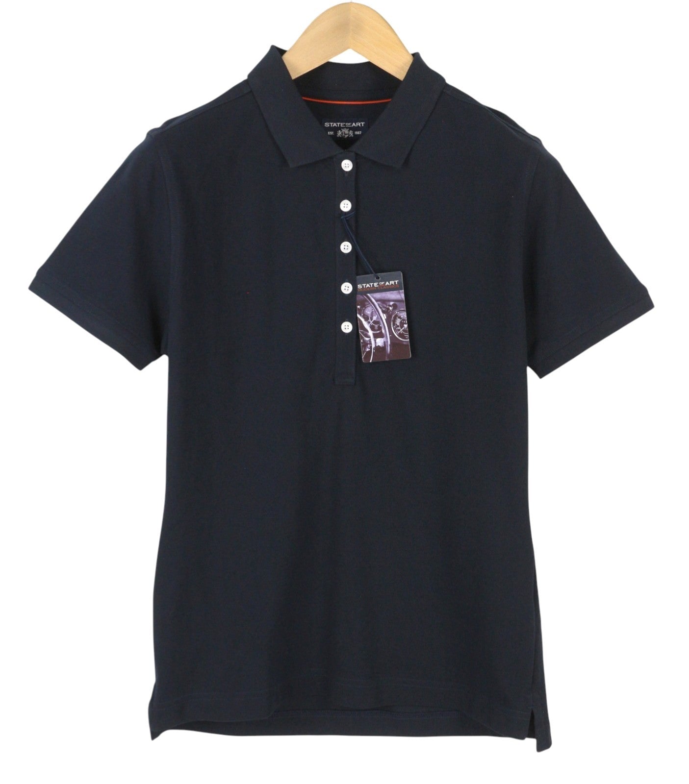 STATE OF ART Men Polos L Dark Blue Cotton Half Button Neck Short Sleeve