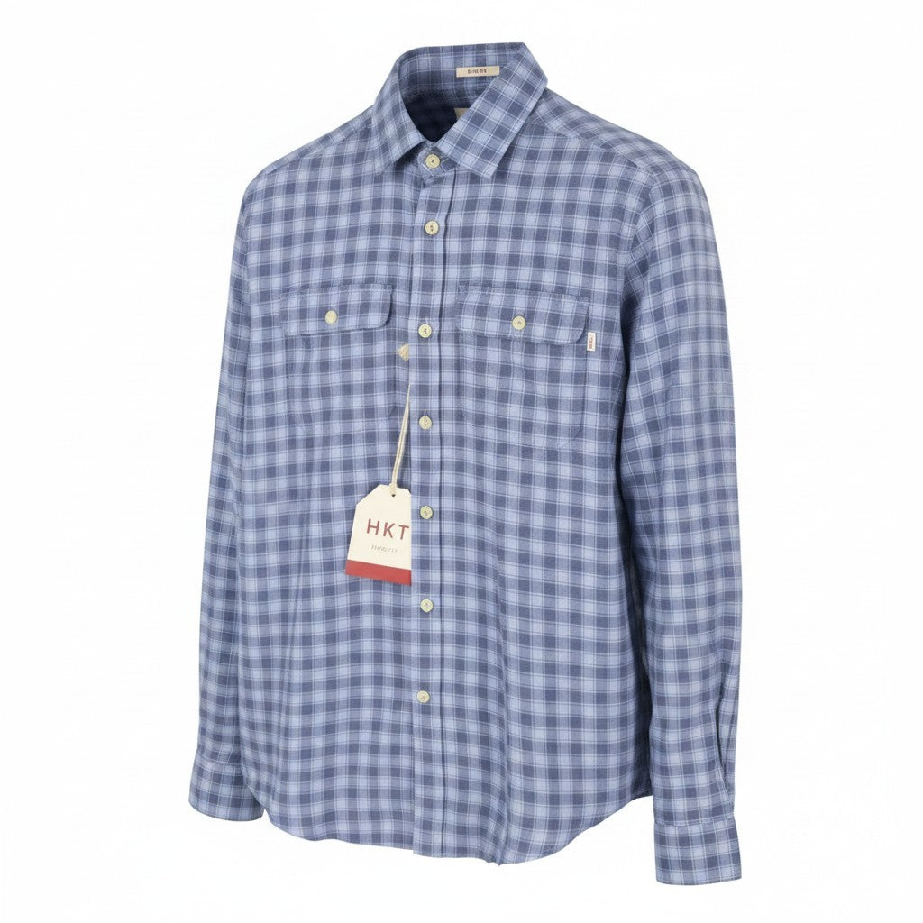 HACKETT Men Shirt S Blue Check Linen Blend Button Up Patched Pockets