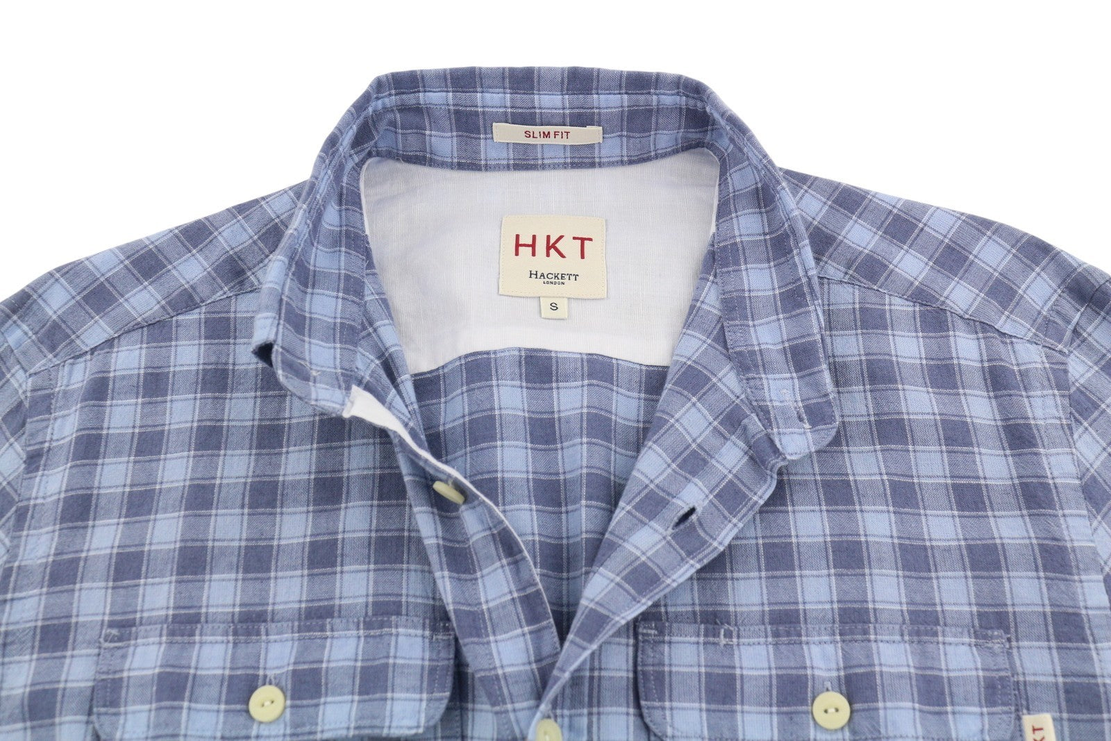 HACKETT Men Shirt S Blue Check Linen Blend Button Up Patched Pockets