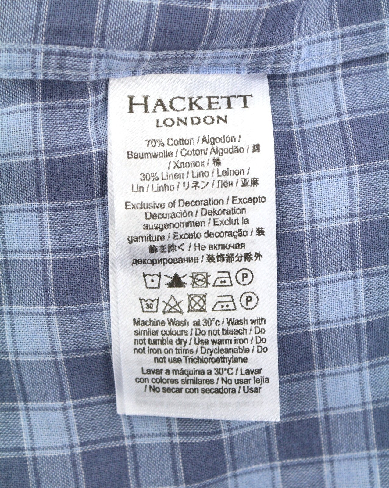 HACKETT Men Shirt S Blue Check Linen Blend Button Up Patched Pockets