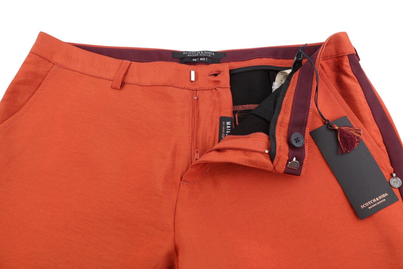 MAISON SCOTCH Women Trousers S W32 Orange Shiny Look Sideline Zipper Slim Fit