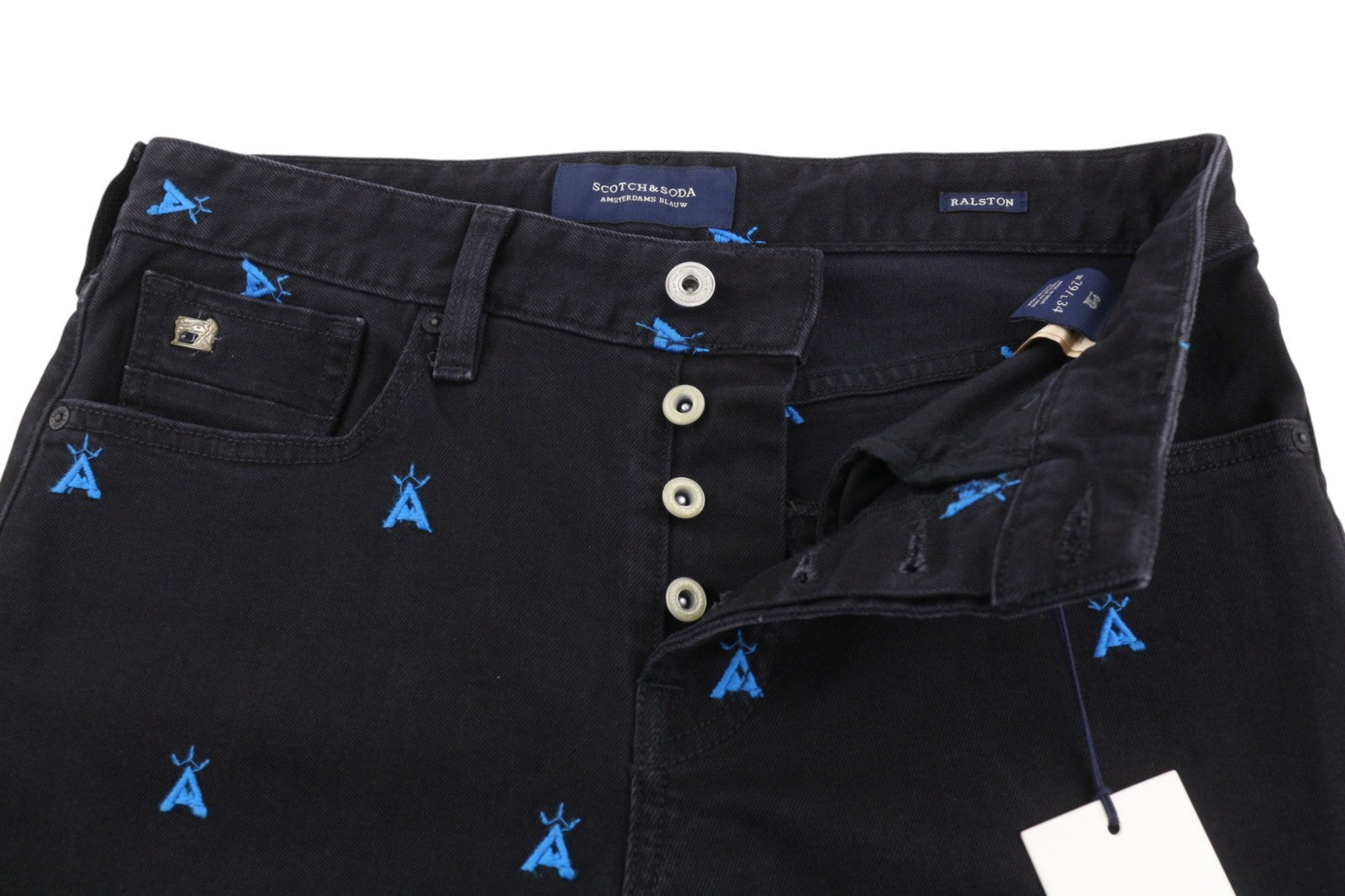 SCOTCH & SODA Ralston Men Jeans W29/L34 Black Embroidered Slim Fit Button Fly
