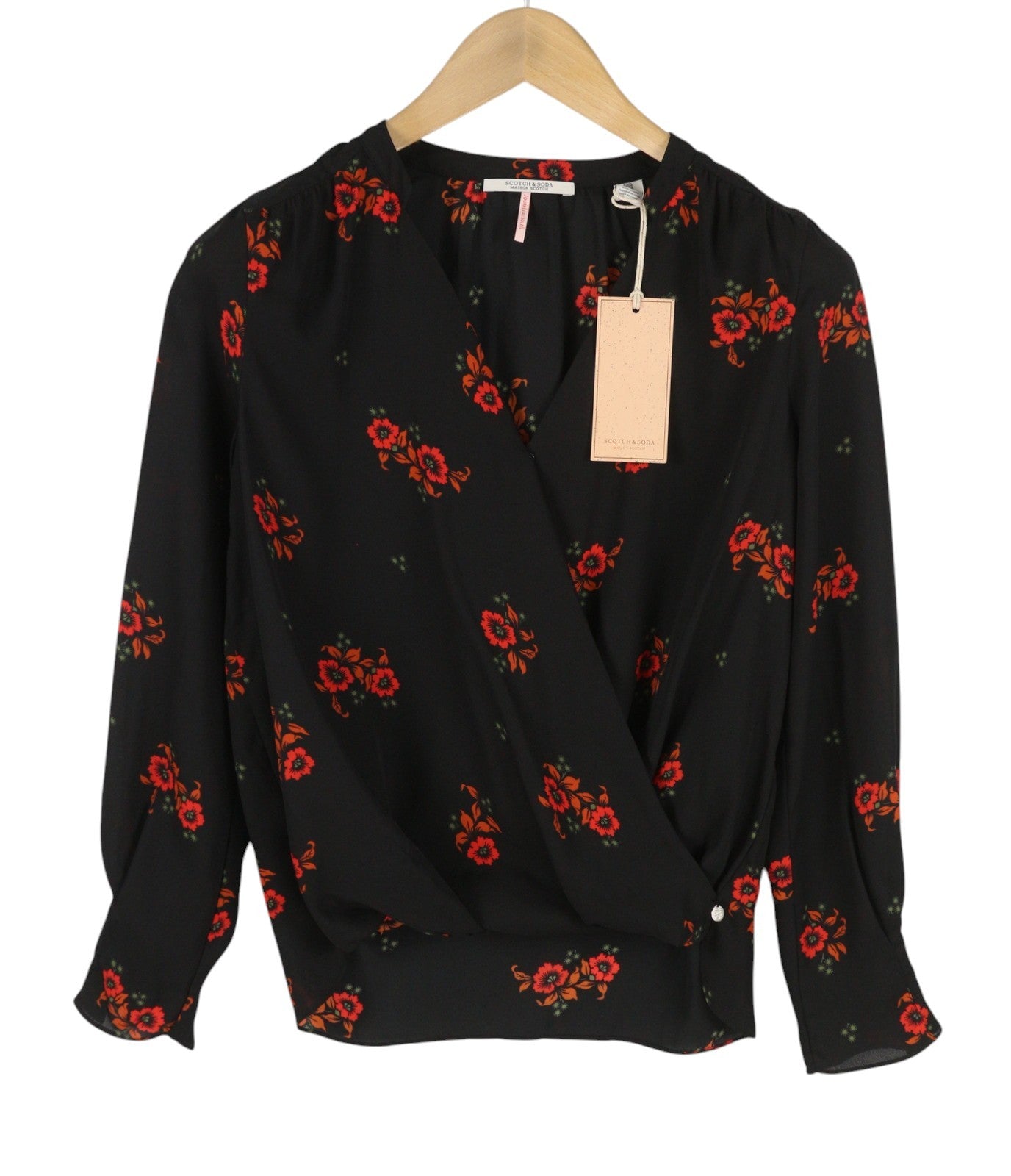 MAISON SCOTCH Women Blouse XS Black Floral Print Wrap Long Sleeve