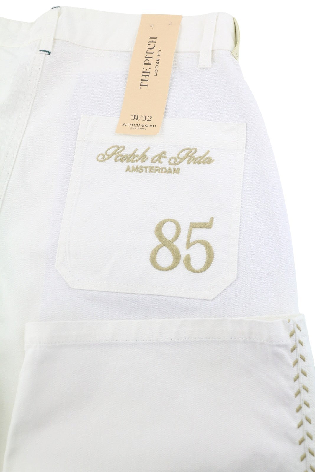 SCOTCH & SODA The Pitch Men Trousers W31/L32 White Loose Fit Embroidered Button