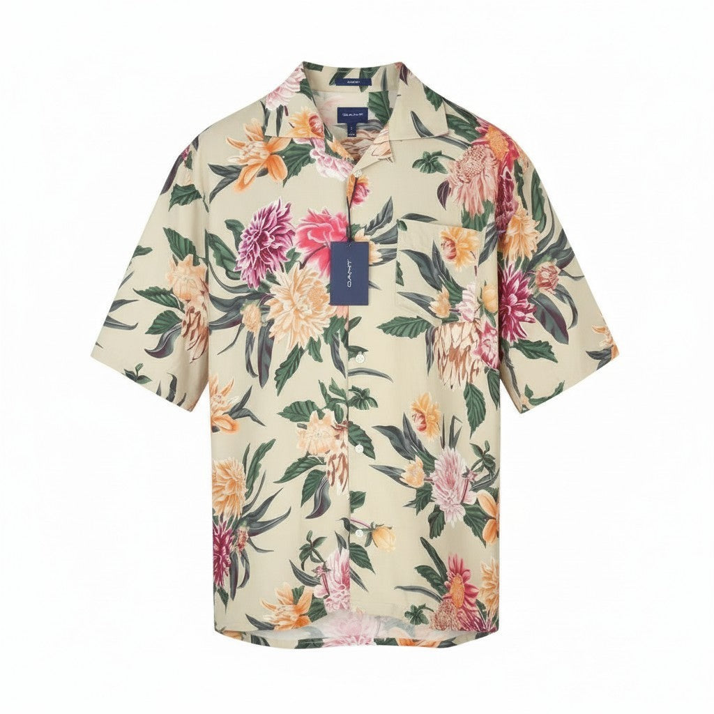 GANT Rel Dahlia Print Camp Collar Men Shirt L Taupe Floral Relaxed Casual RRP180