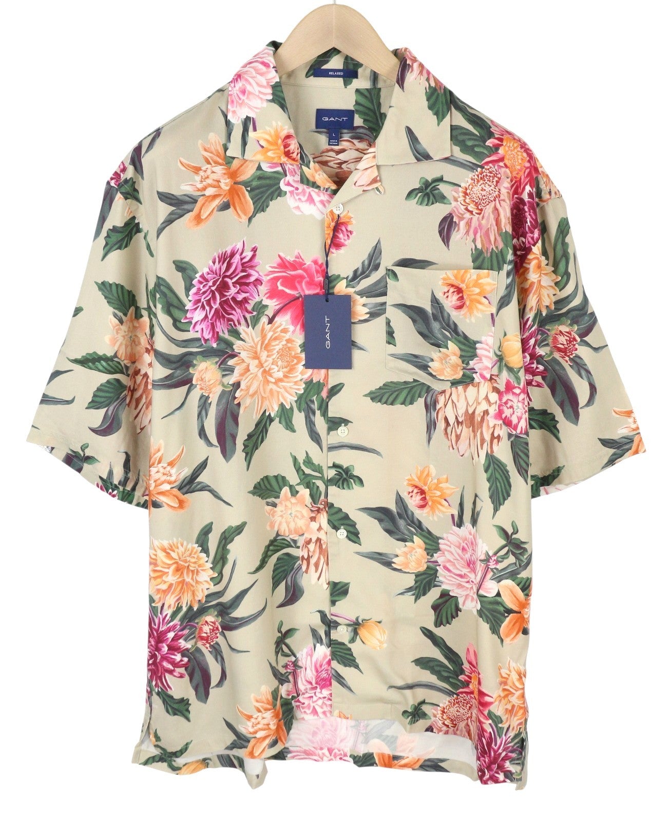 GANT Rel Dahlia Print Camp Collar Men Shirt L Taupe Floral Relaxed Casual RRP180