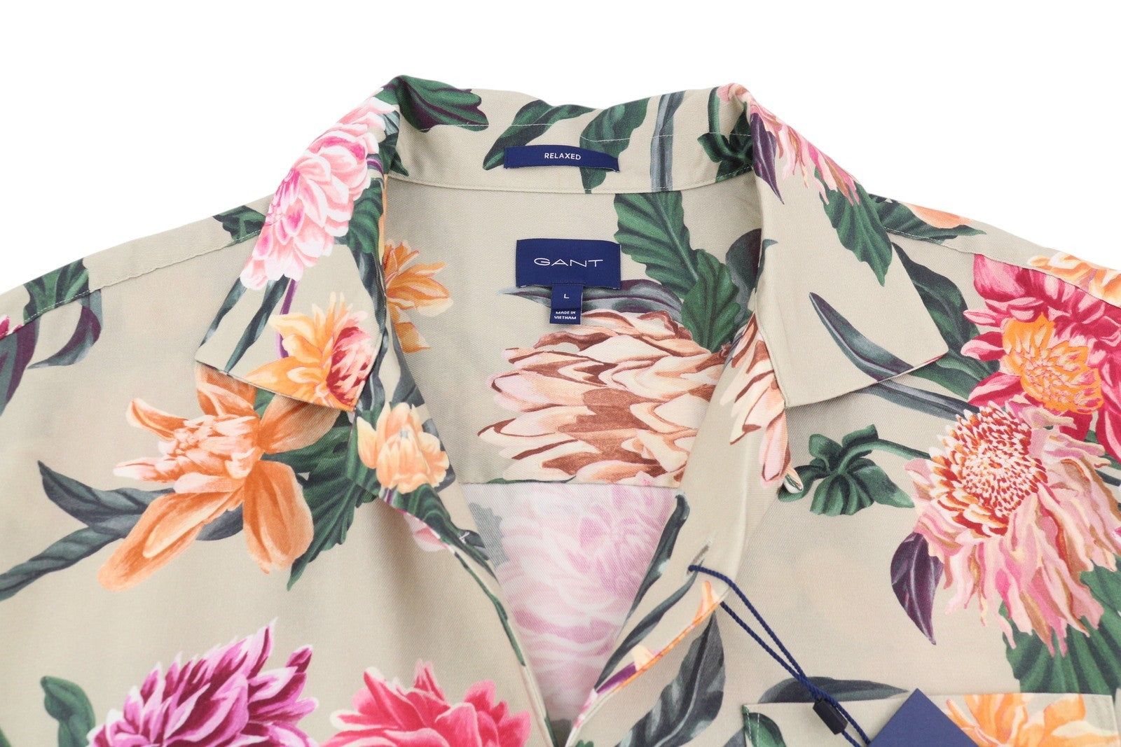 GANT Rel Dahlia Print Camp Collar Men Shirt L Taupe Floral Relaxed Casual RRP180