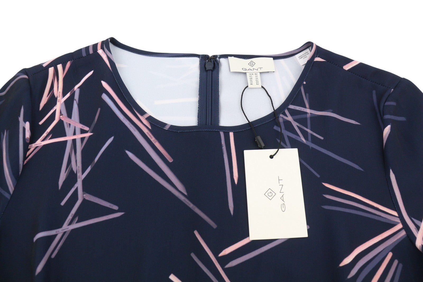 GANT Printed Pencil Women Dress EU42 L Marine Round Long Sleeve Knee-Length