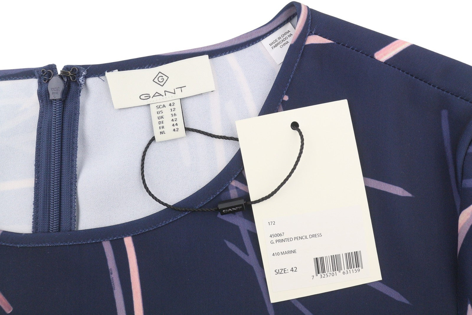 GANT Printed Pencil Women Dress EU42 L Marine Round Long Sleeve Knee-Length