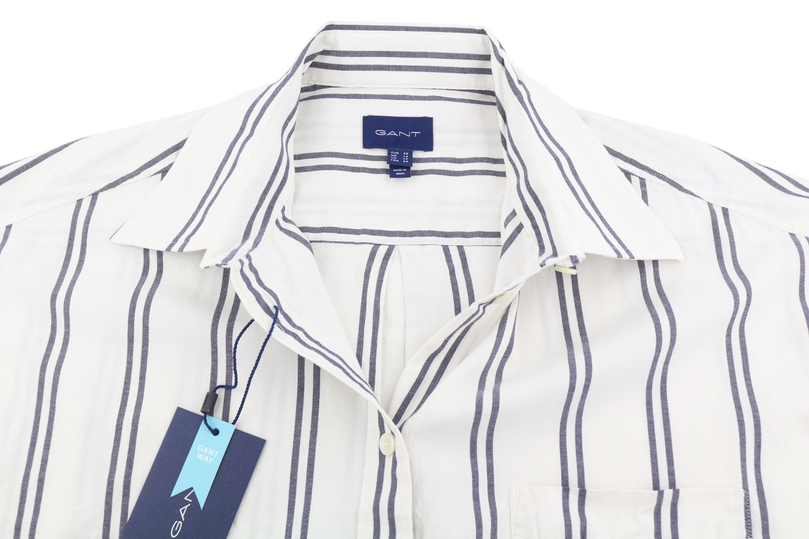 GANT OS Stripe Women Shirt EU42 L Classic Blue Patch Pocket Button-Up Casual
