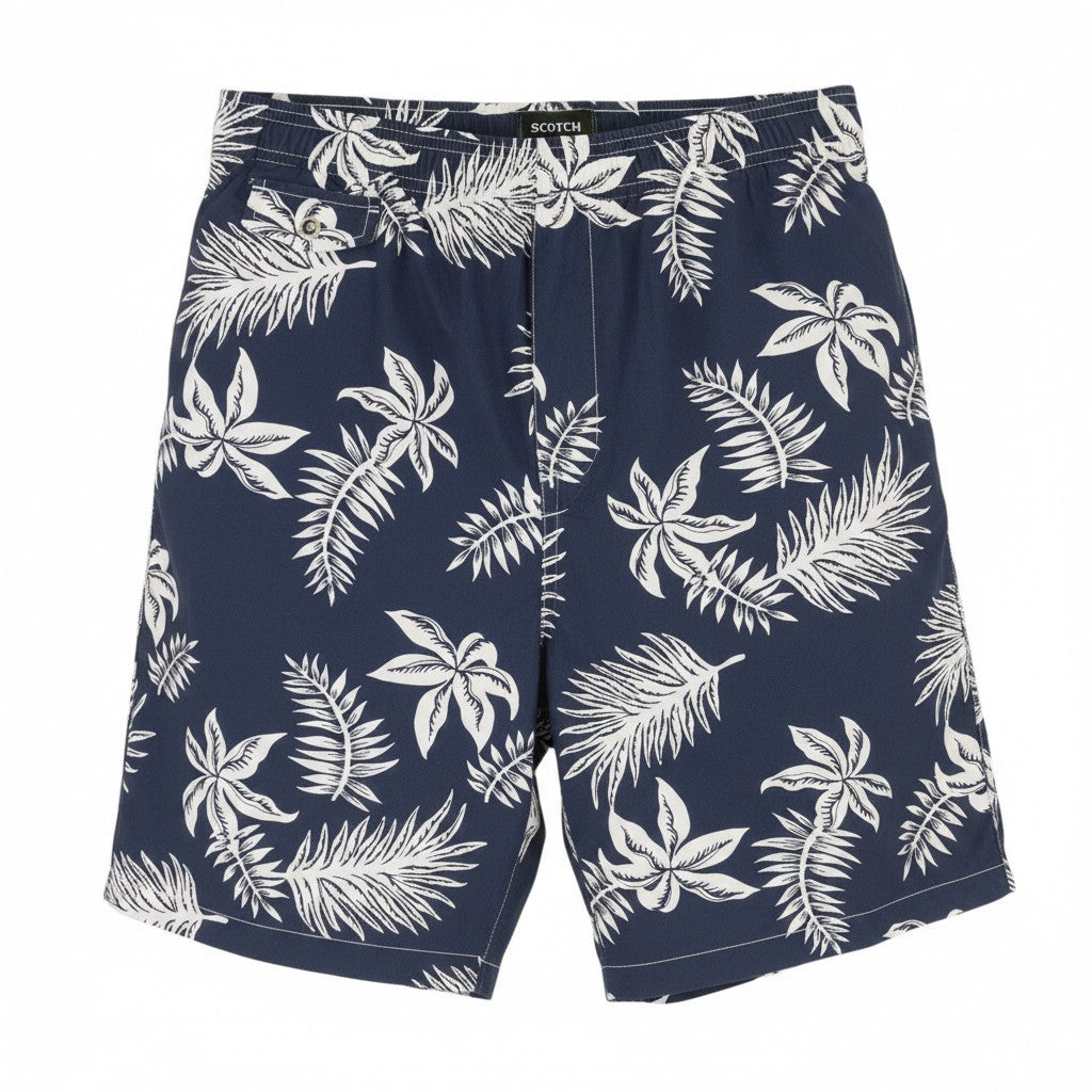 SCOTCH & SODA Men Shorts W32 Blue Leafs Print Wide Fit Stretch Drawstring Waist