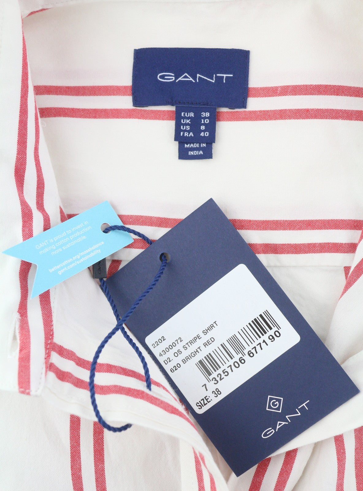 GANT OS Stripe Women Shirt EU38 M Bricht Red Patch Pocket Button-Up Casual