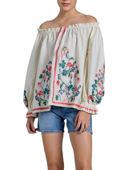 GANT Embroidered Wild Floral Women Blouse EU38 M Eggshell Long Balloon Sleeves
