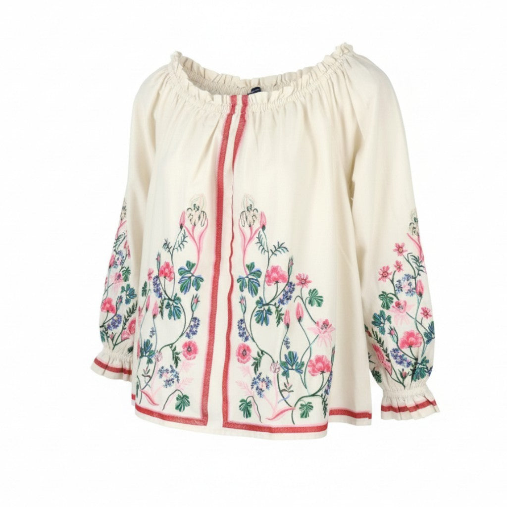 GANT Embroidered Wild Floral Women Blouse EU38 M Eggshell Long Balloon Sleeves