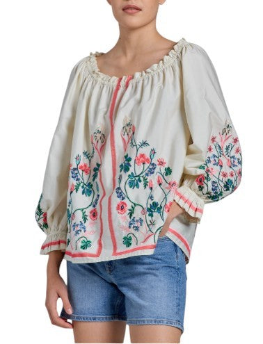 GANT Embroidered Wild Floral Women Blouse EU38 M Eggshell Long Balloon Sleeves