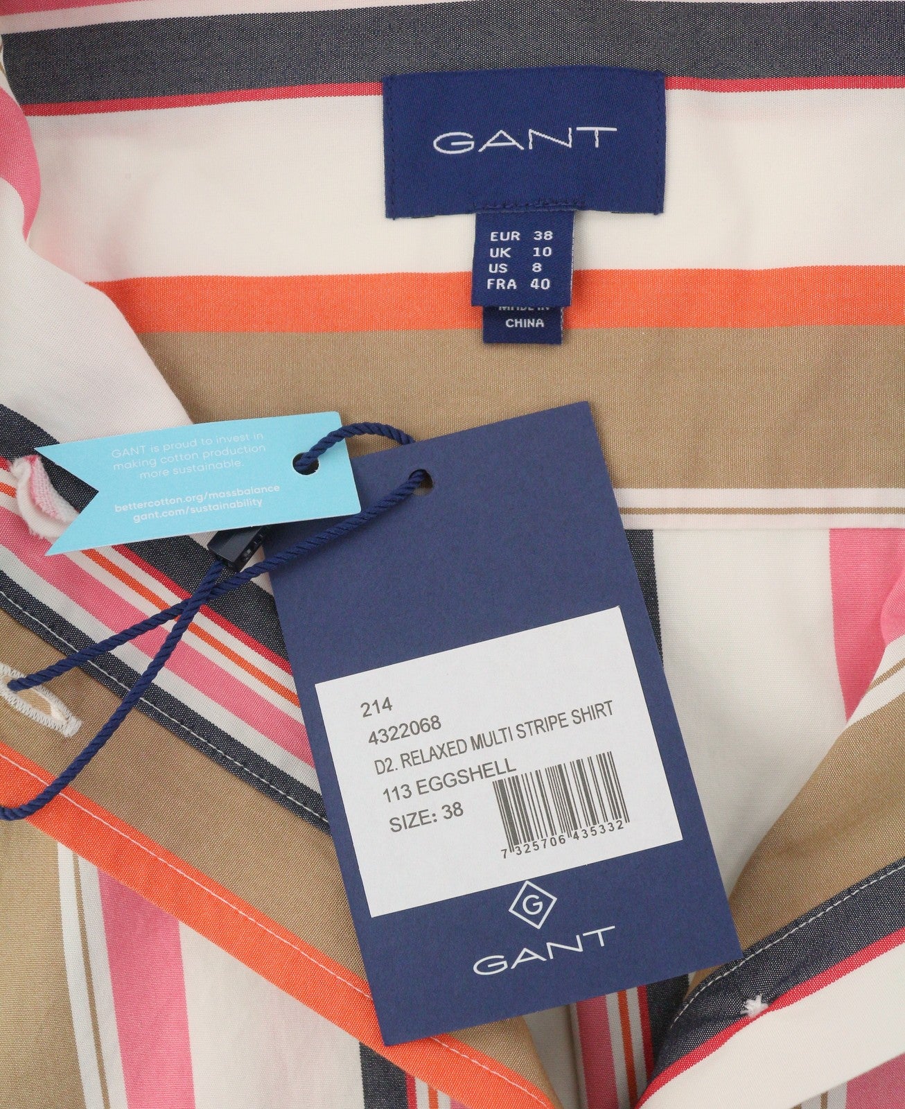 GANT Relaxed Multi Stripe Women Shirt EU38 M Eggshell Button Patch Pocket