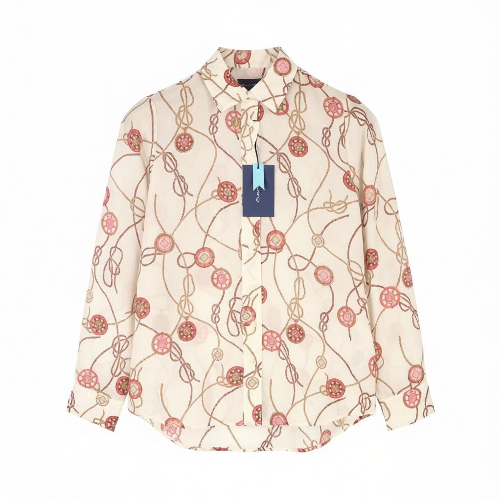 GANT Sailing Print Cot Silk Women Shirt EU34 XS Caulk White Transparent Button
