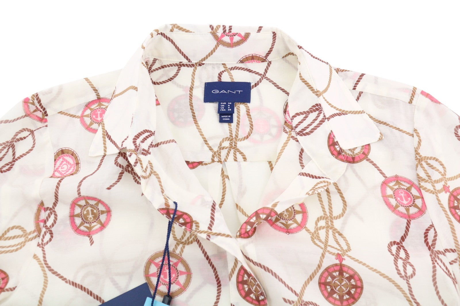 GANT Sailing Print Cot Silk Women Shirt EU34 XS Caulk White Transparent Button