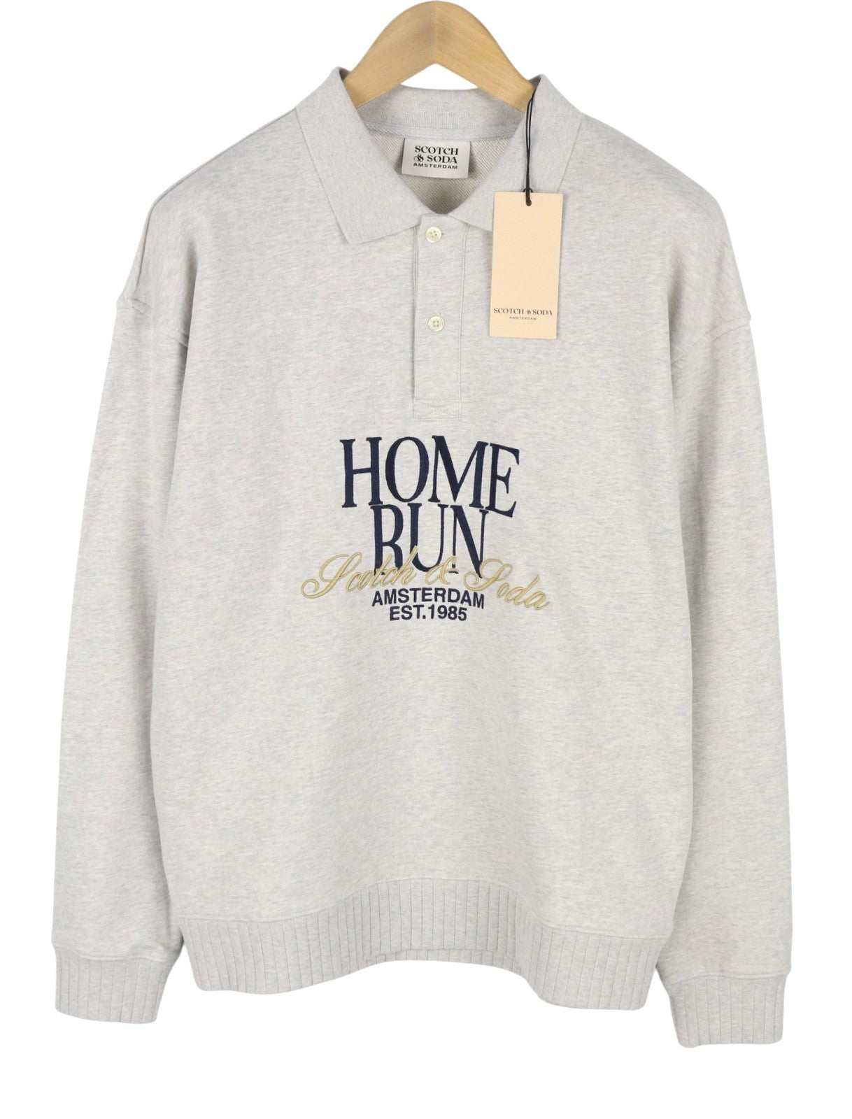 SCOTCH & SODA Men Sweatshirt L Grey Melange Polo Half Button Neck Pull On