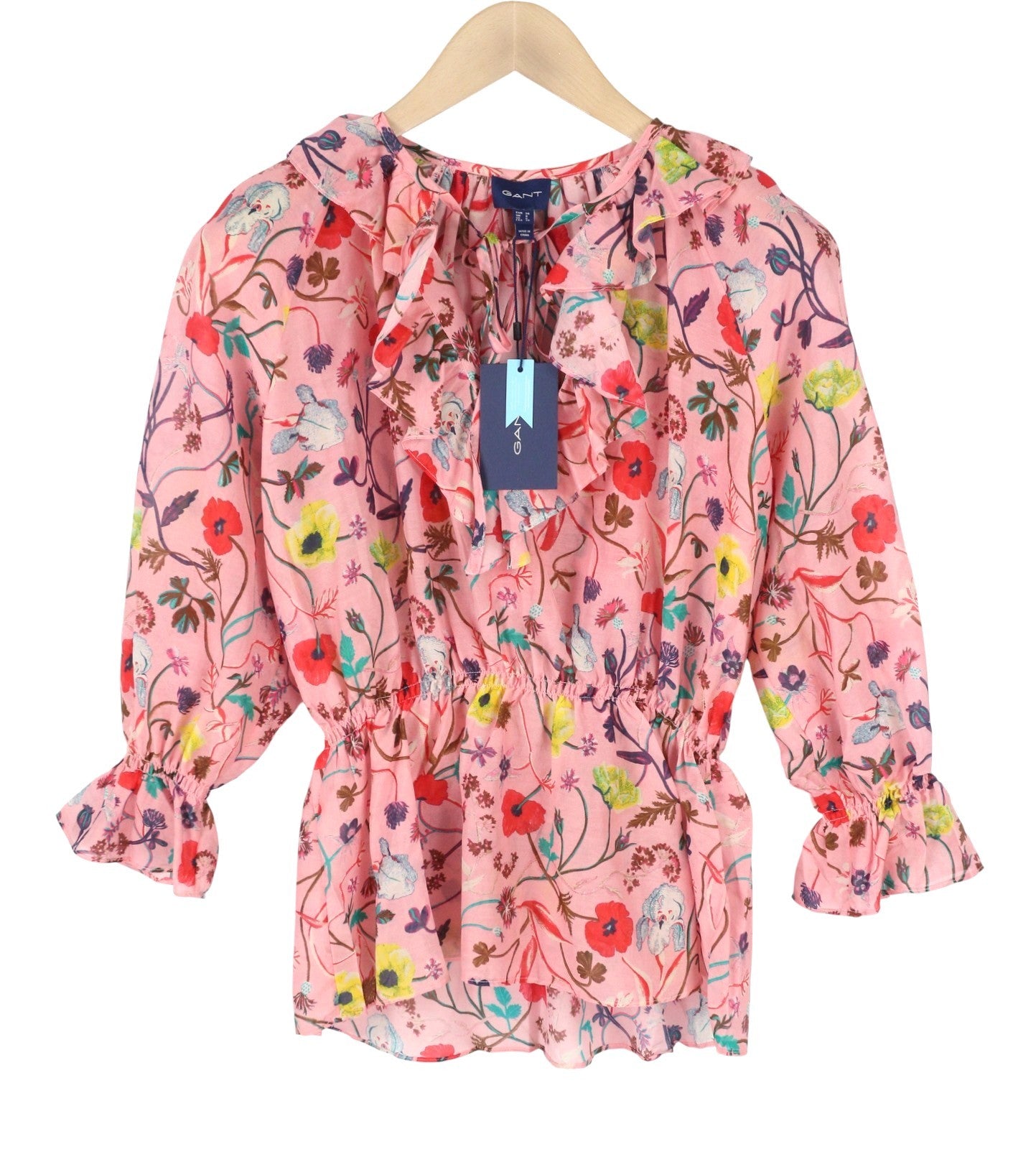 GANT Wild Floral Flounce Women Blouse EU36 S Preppy Pink 3/4 Balloon Sleeves
