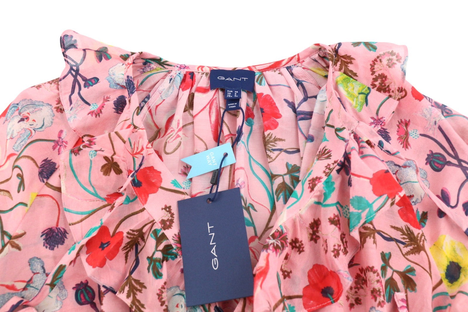 GANT Wild Floral Flounce Women Blouse EU36 S Preppy Pink 3/4 Balloon Sleeves