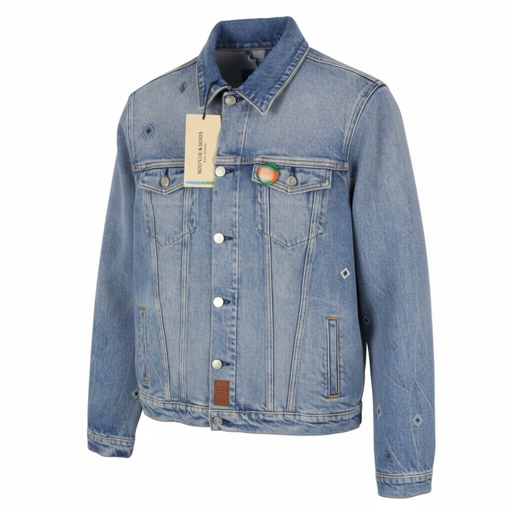 SCOTCH & SODA Trucker Men Jacket L Blue Faded Embroidered Button-Up Denim
