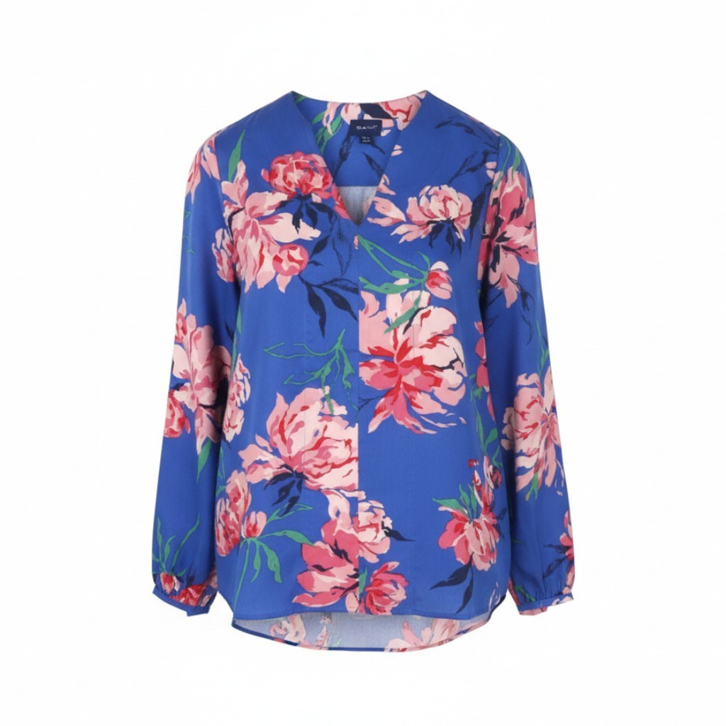 GANT Peonies Print Women Blouse EU38 M Bright Cobalt V-Neck Floral Long Sleeve
