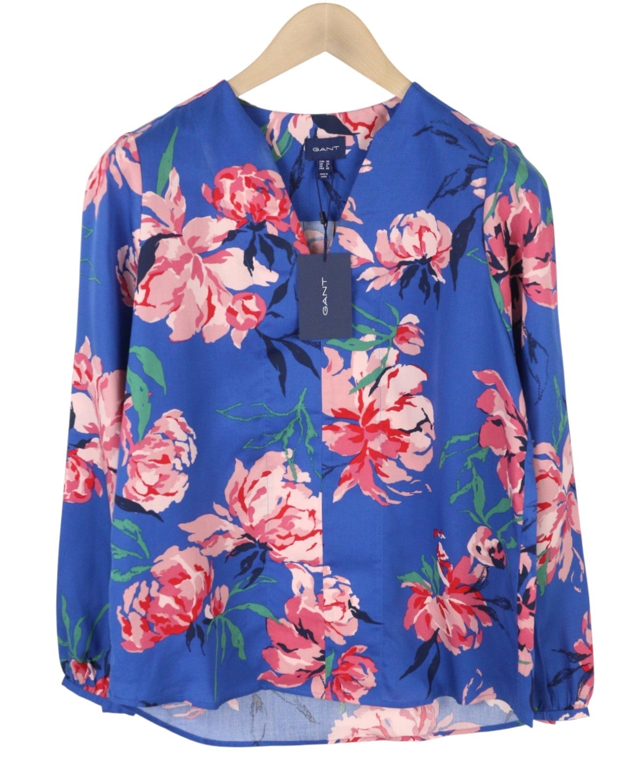 GANT Peonies Print Women Blouse EU38 M Bright Cobalt V-Neck Floral Long Sleeve