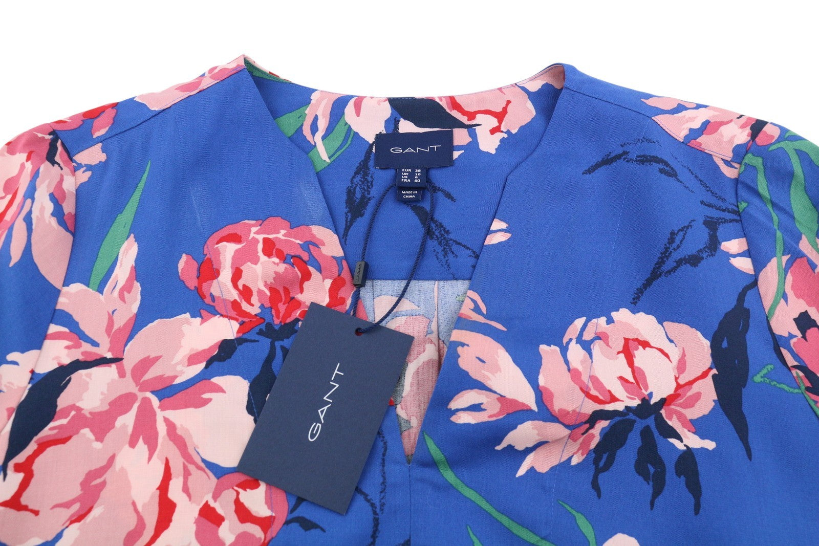GANT Peonies Print Women Blouse EU38 M Bright Cobalt V-Neck Floral Long Sleeve