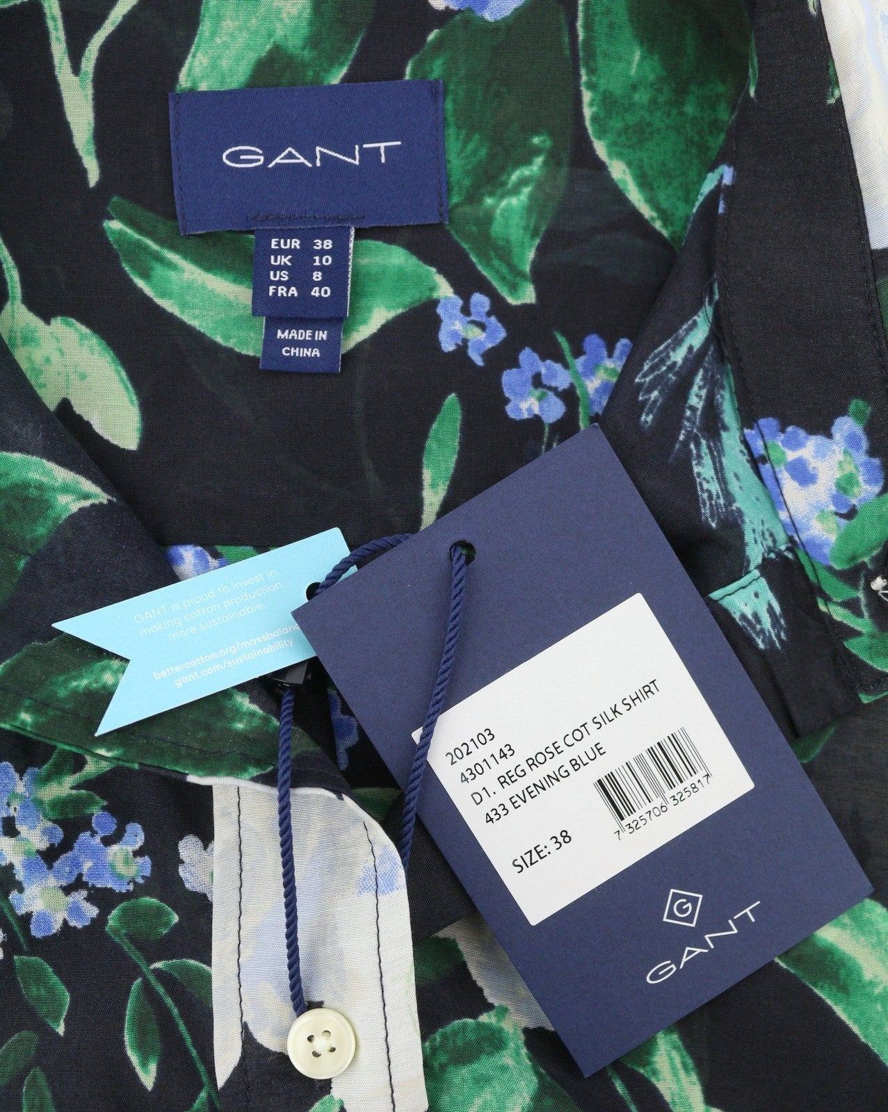 GANT Reg Rose Cot Silk Women Shirt EU38 M Evening Blue Transparent Button-Up
