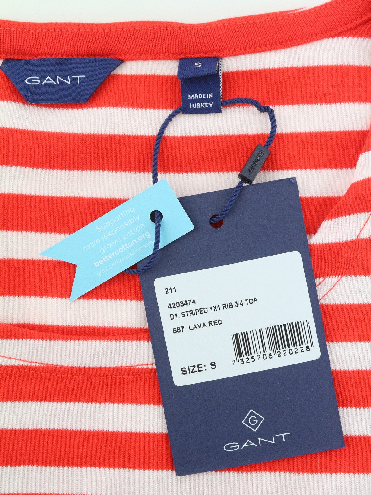GANT Striped 1x1 Rib 3/4 Women T-Shirt S Lava Red Round Collar Tricot Stretch