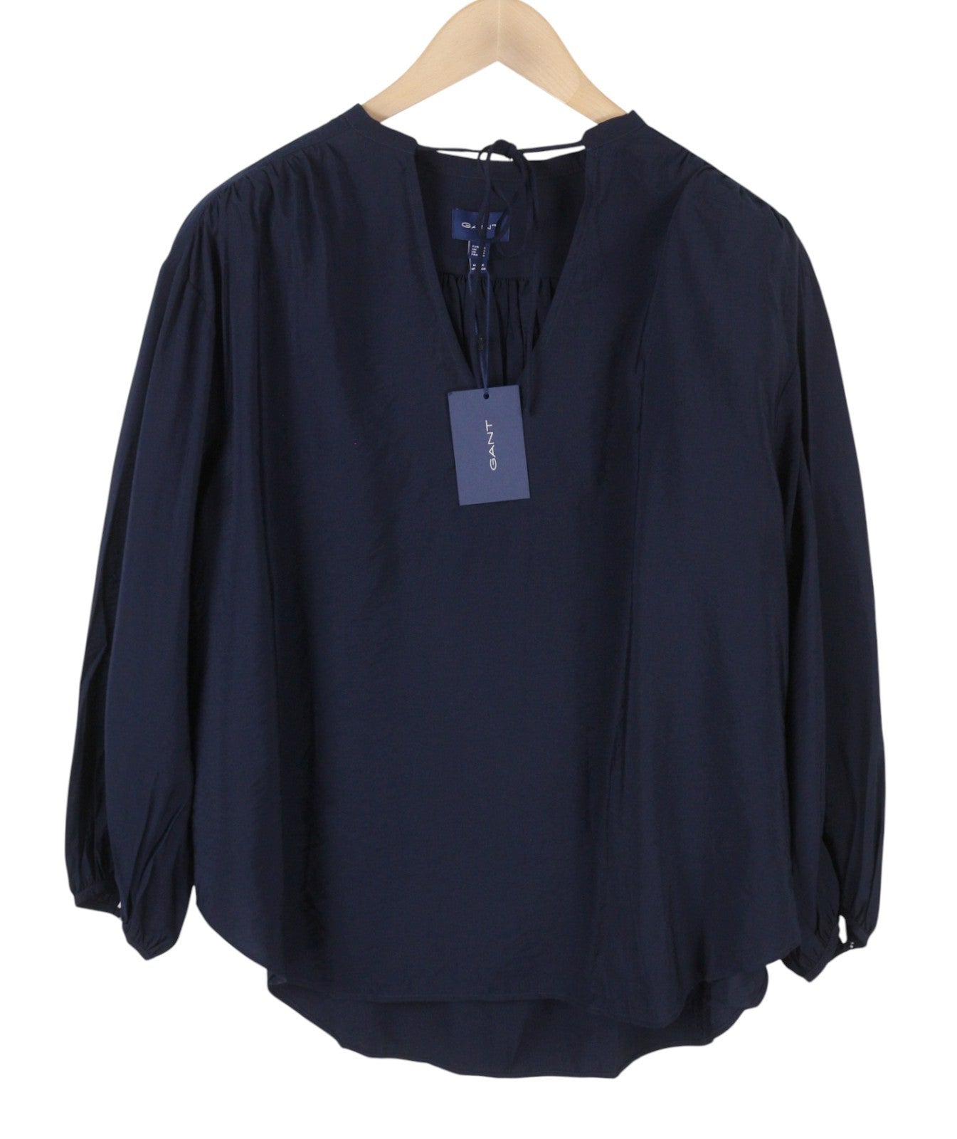 GANT Pop Over Women Blouse EU44 XL Classic Blue V-Neck Ties Relaxed 3/4 Sleeves