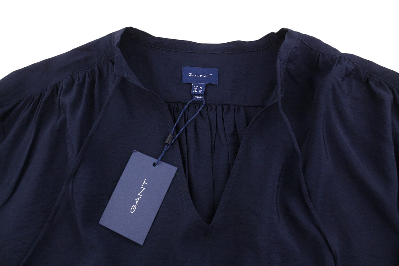 GANT Pop Over Women Blouse EU44 XL Classic Blue V-Neck Ties Relaxed 3/4 Sleeves