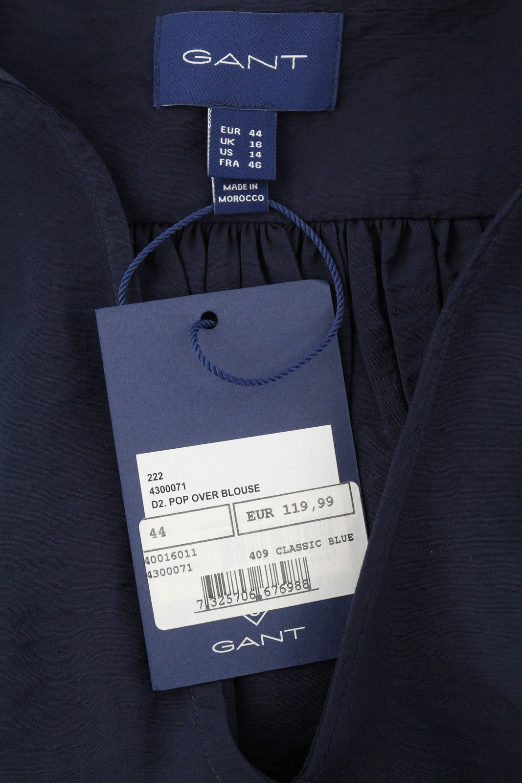 GANT Pop Over Women Blouse EU44 XL Classic Blue V-Neck Ties Relaxed 3/4 Sleeves