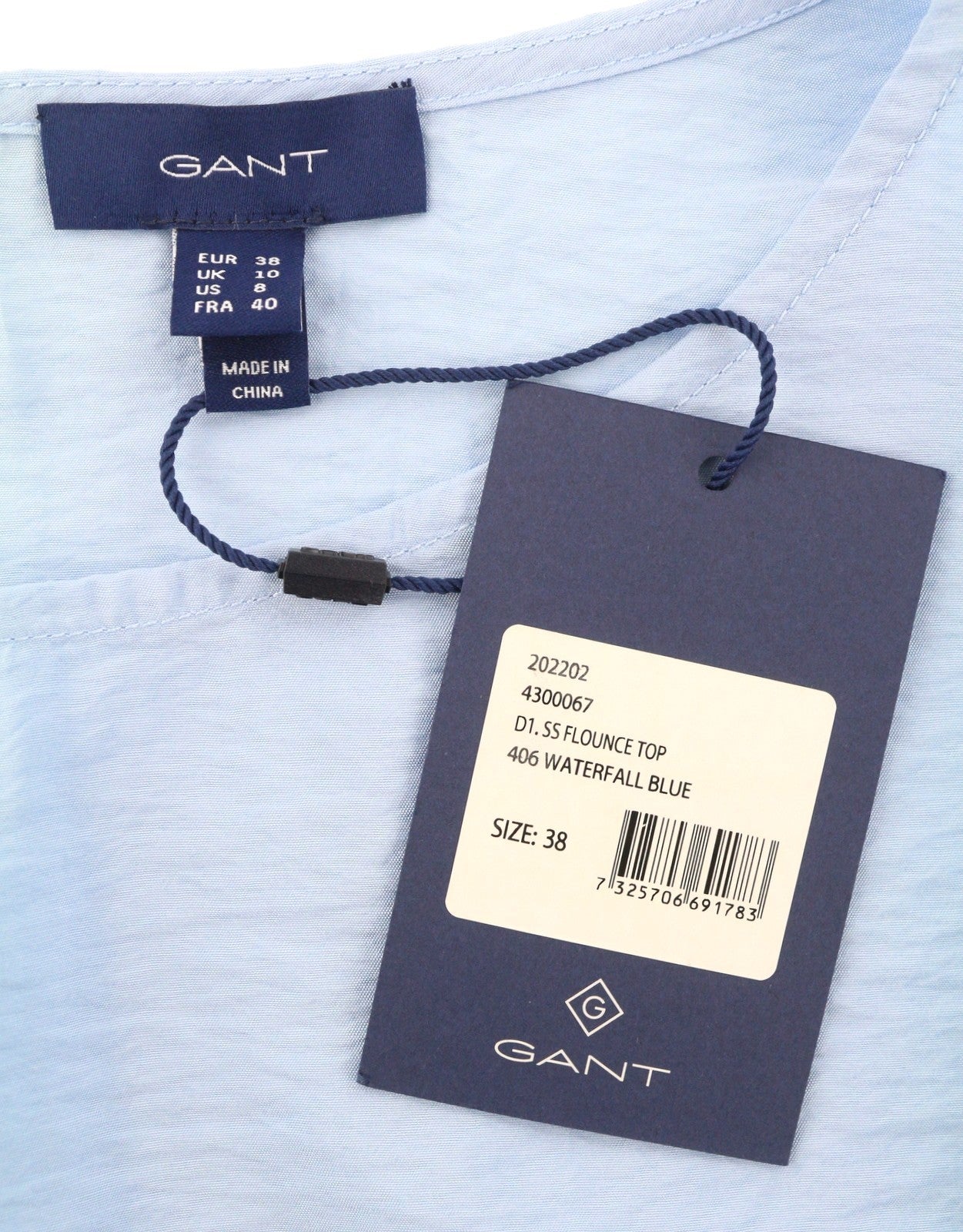GANT SS Flounce Women Blouse EU38 M Waterfall Blue Relaxed Fit Puff Sleeves
