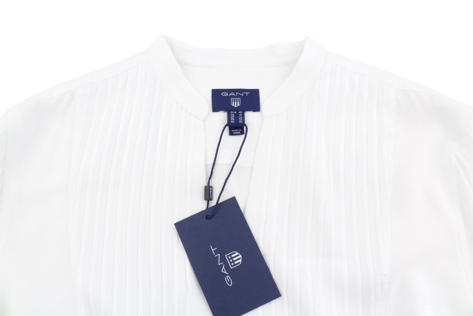 GANT Bib Women Blouse EU40 M White Pleated V-Neck Side Tied Long Sleeve